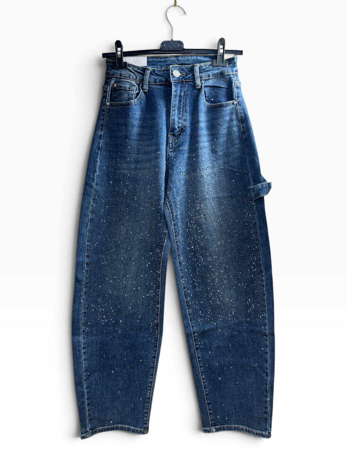 Jeans Barrel Leg a Vita Alta con Strass e Dettaglio Carpenter – Denim Medio