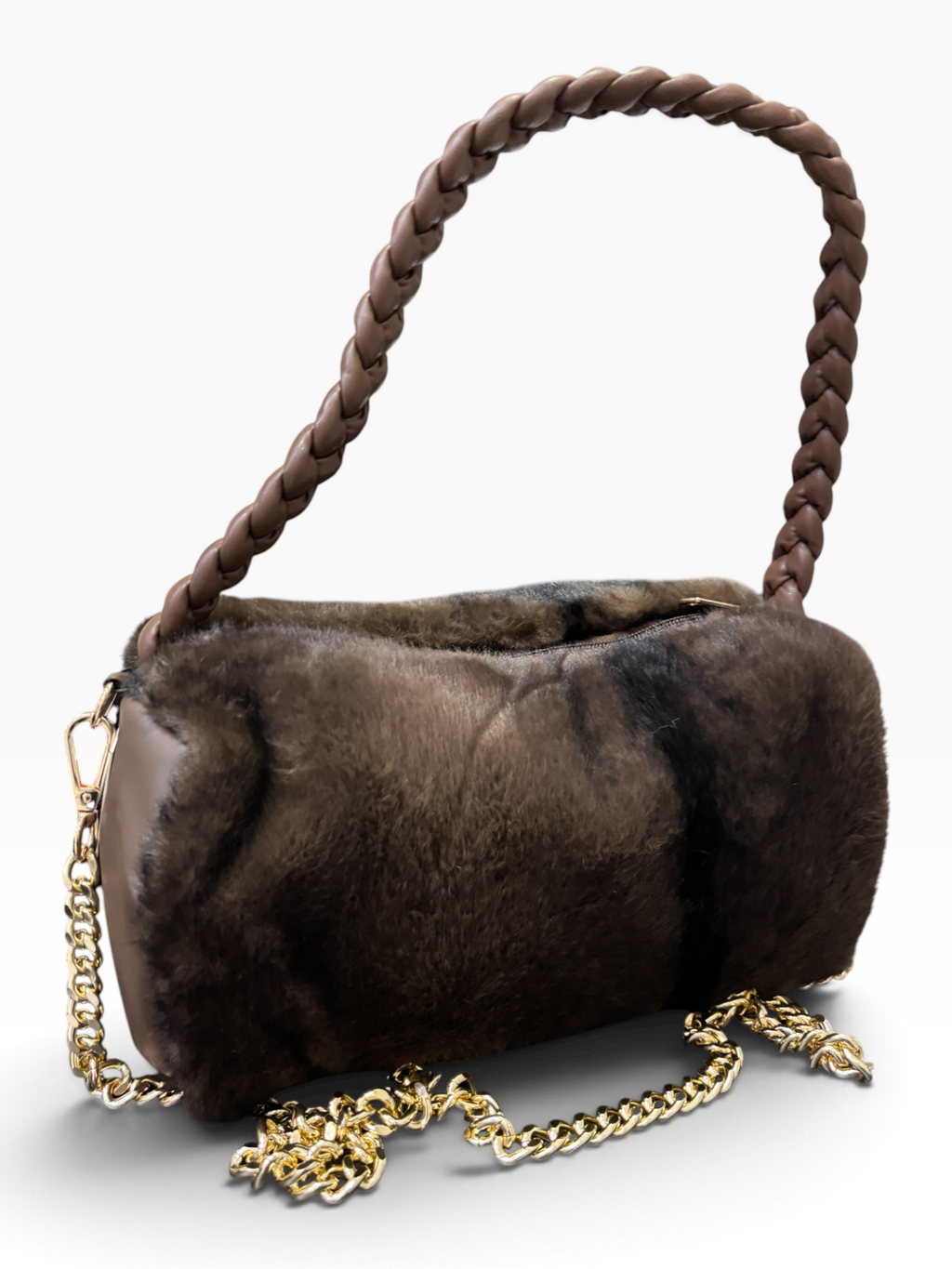 Borsa a Mano Effetto Pelliccia con Manico Intrecciato e Tracolla Dorata BROWN