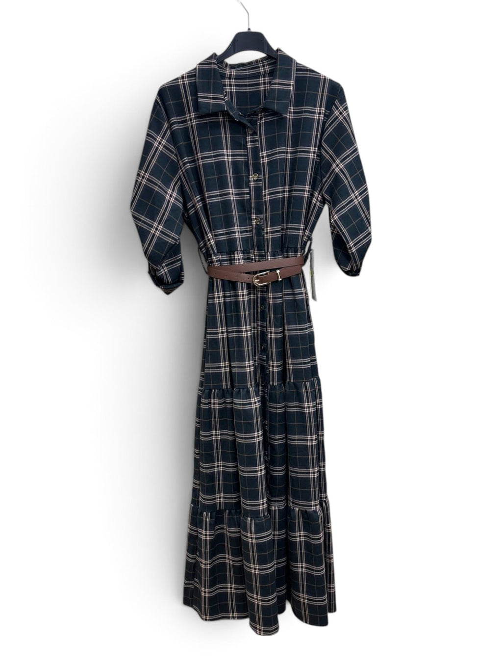 Abito Lungo Tartan con Cintura