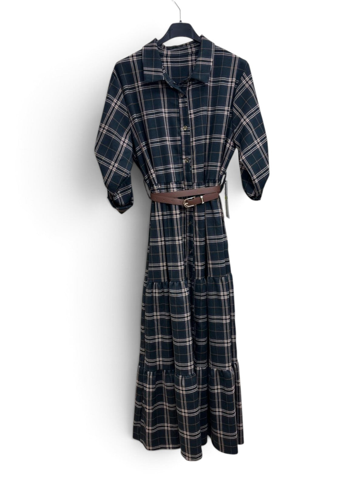 Abito Lungo Tartan con Cintura