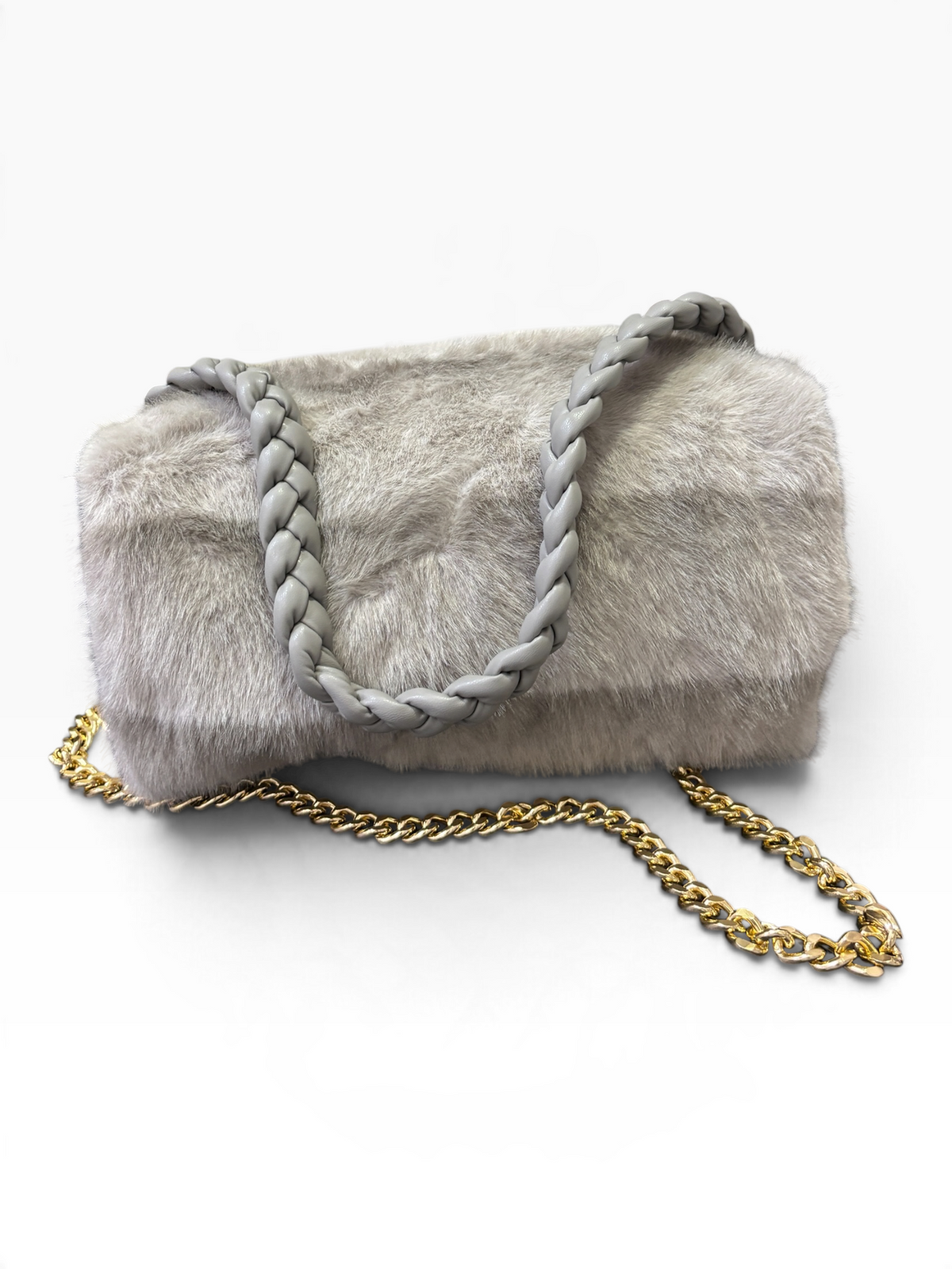 Borsa a Mano Effetto Pelliccia con Manico Intrecciato e Tracolla Dorata GREY