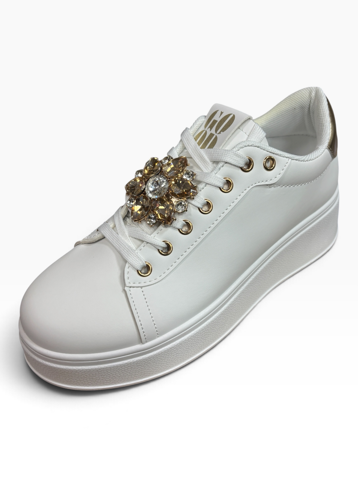 Sneakers Bianche con Gioiello e Platform ORO
