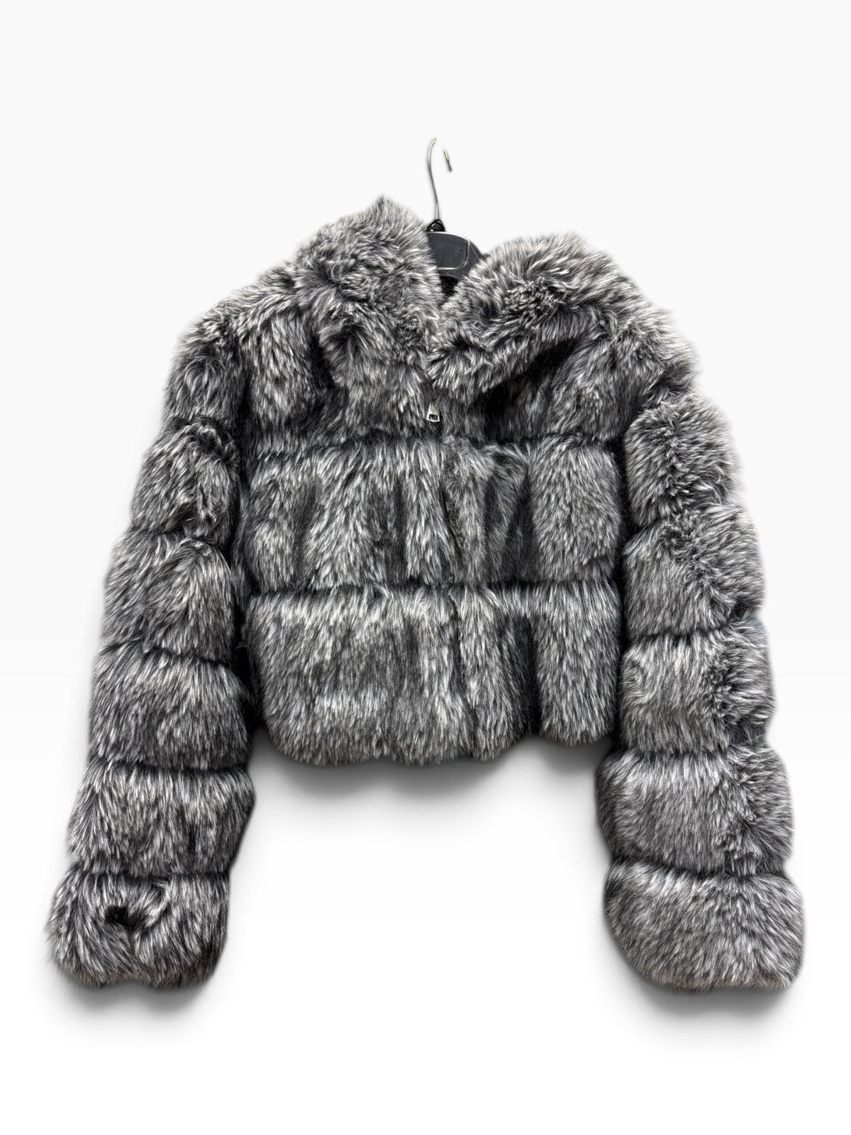 Giacca in Eco-Pelliccia Grigia con Cappuccio
