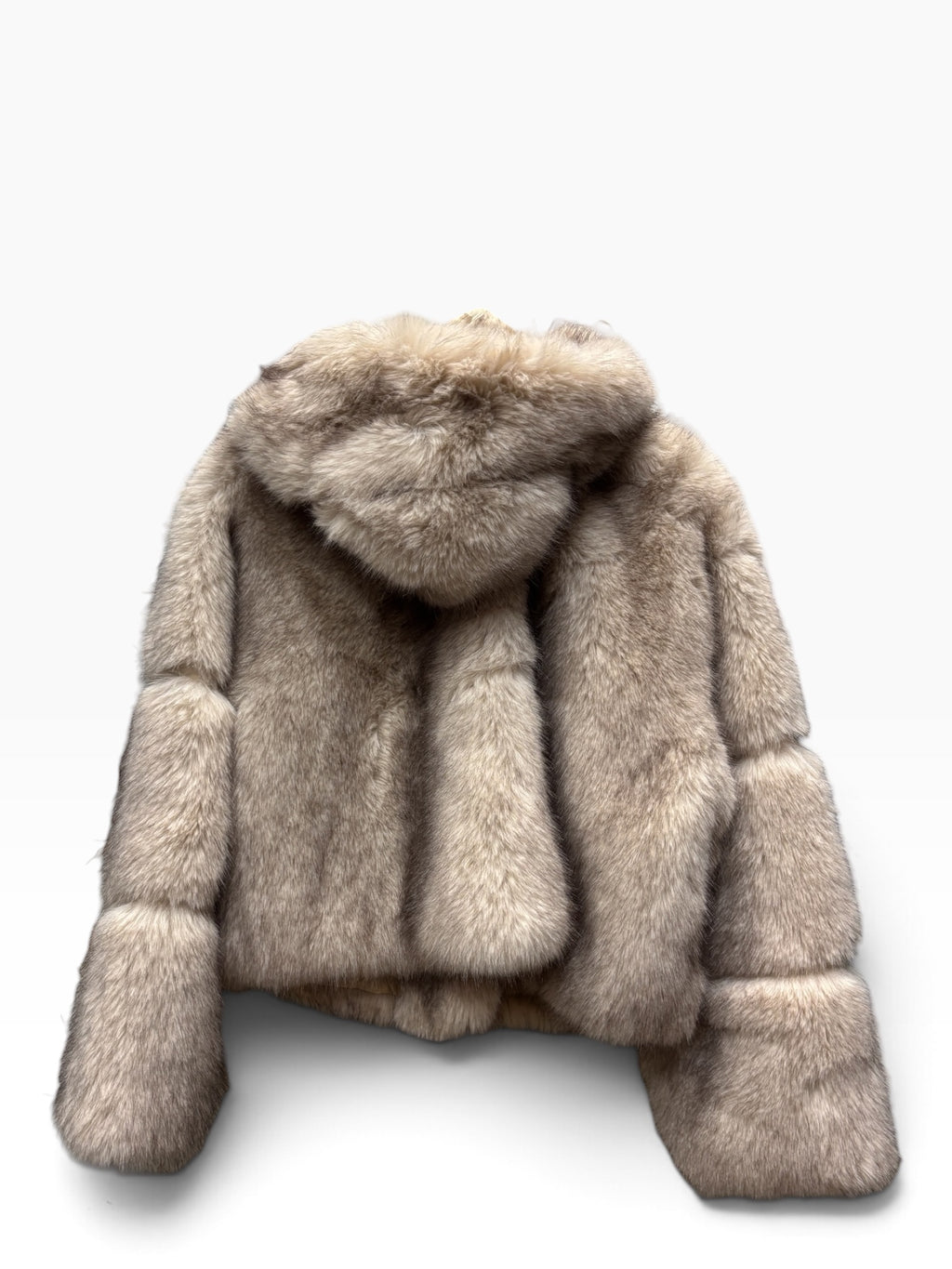 Giacca in Eco-Pelliccia con Cappuccio Beige e Tortora