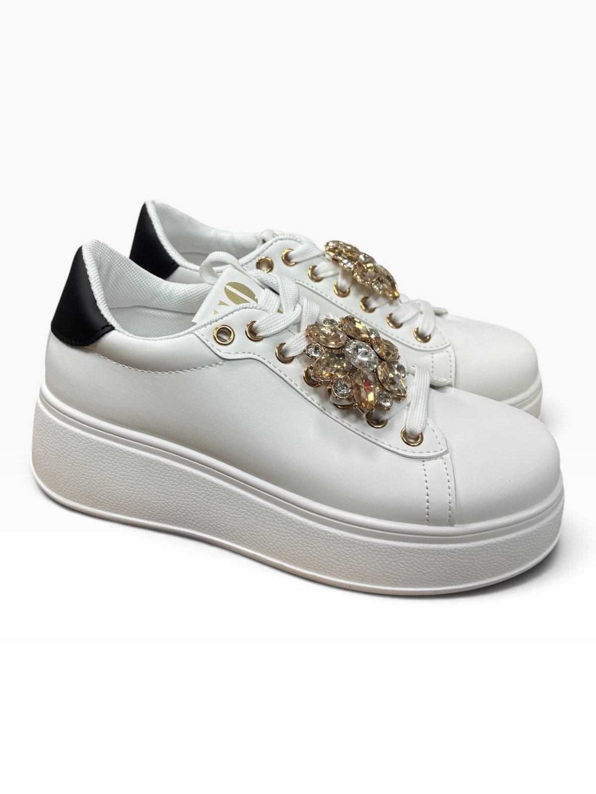 Sneakers Bianche con Gioiello e Platform BLACK