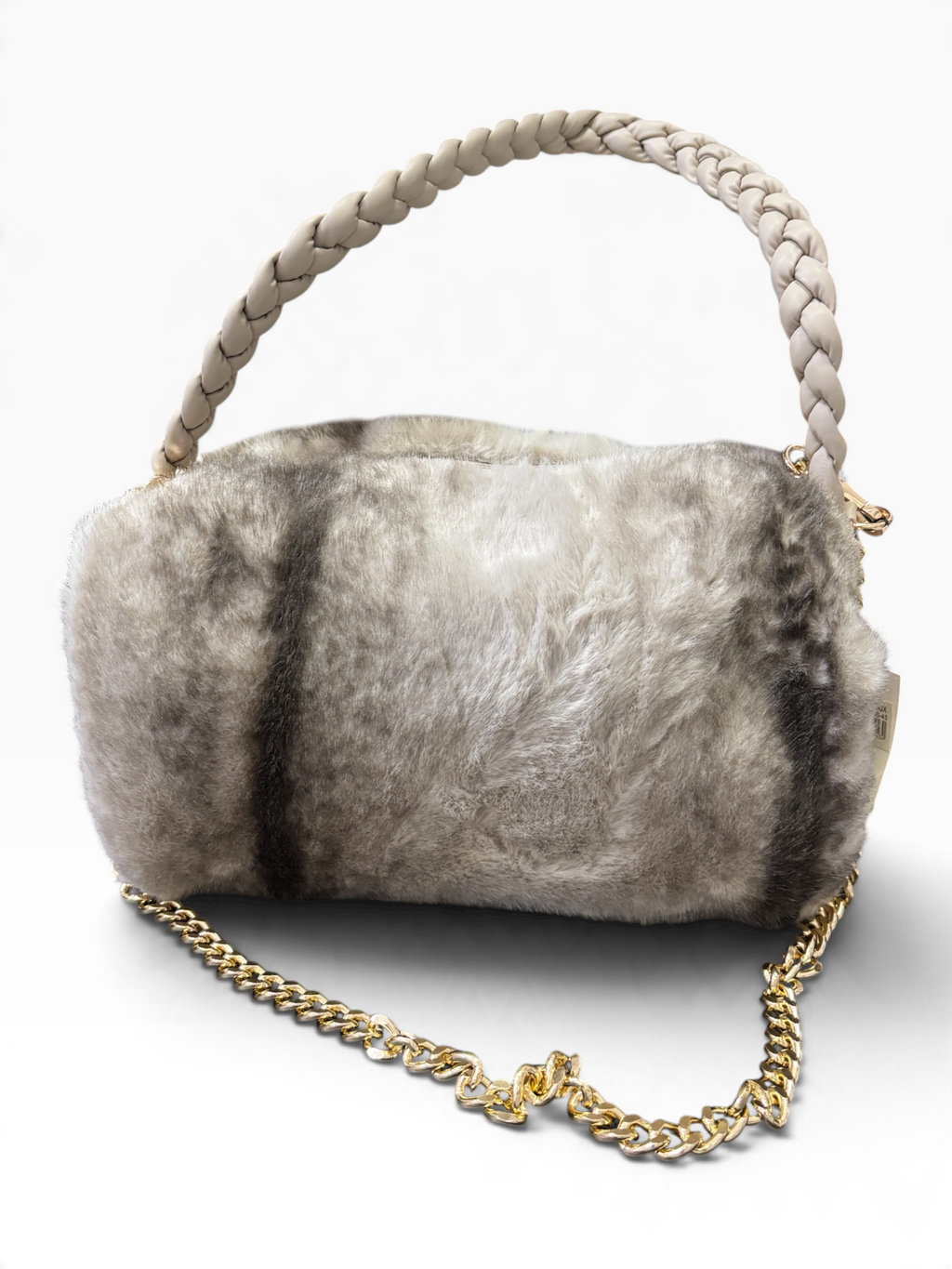 Borsa a Mano Effetto Pelliccia con Manico Intrecciato e Tracolla Dorata BEIGE