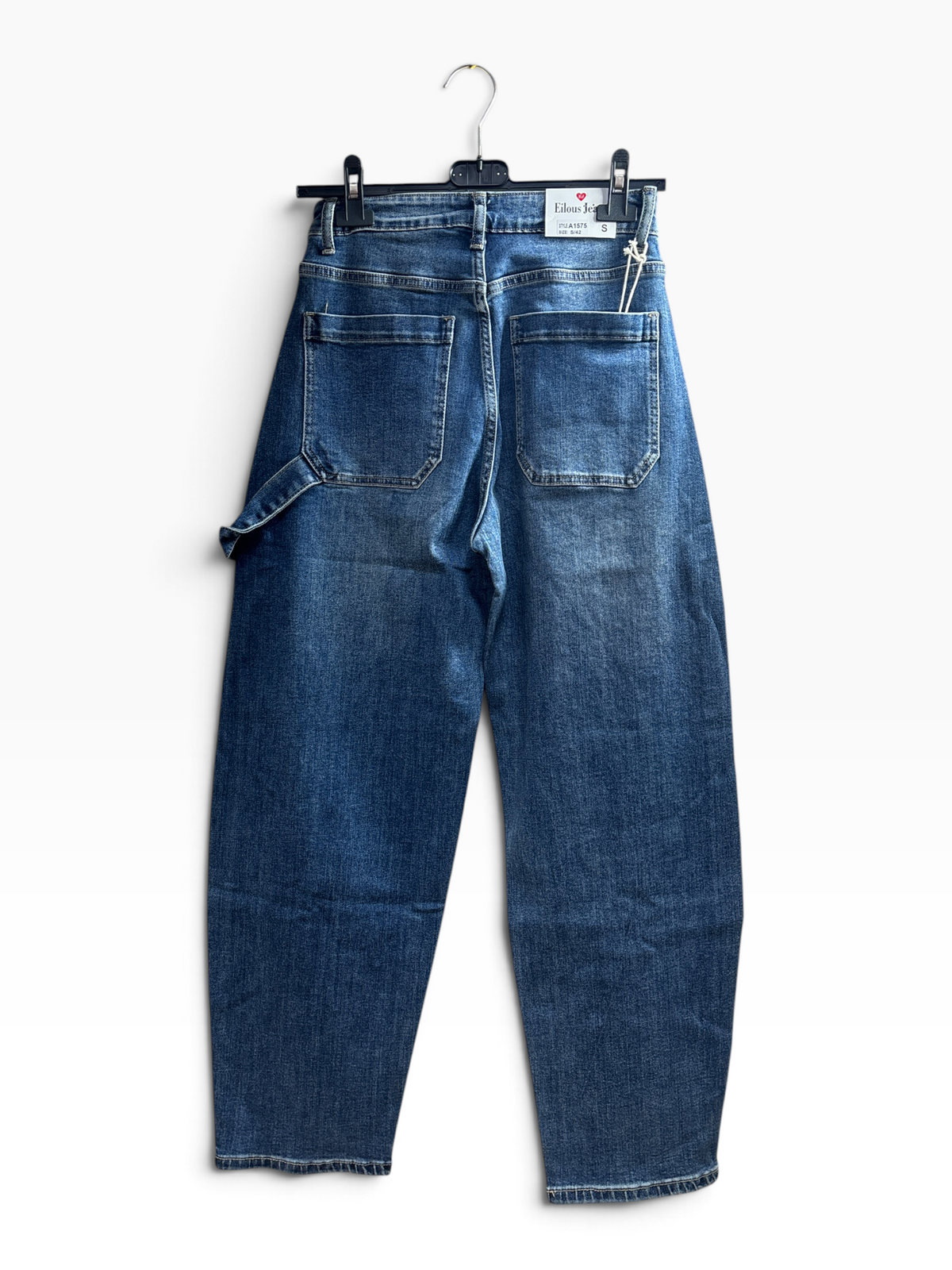 Jeans Barrel Leg a Vita Alta con Strass e Dettaglio Carpenter – Denim Medio