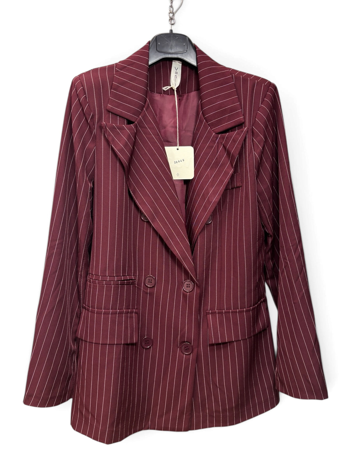 Completo Tailleur 4 Pezzi Burgundy Gessato – Blazer, Pantalone, Camicia e Cravatta