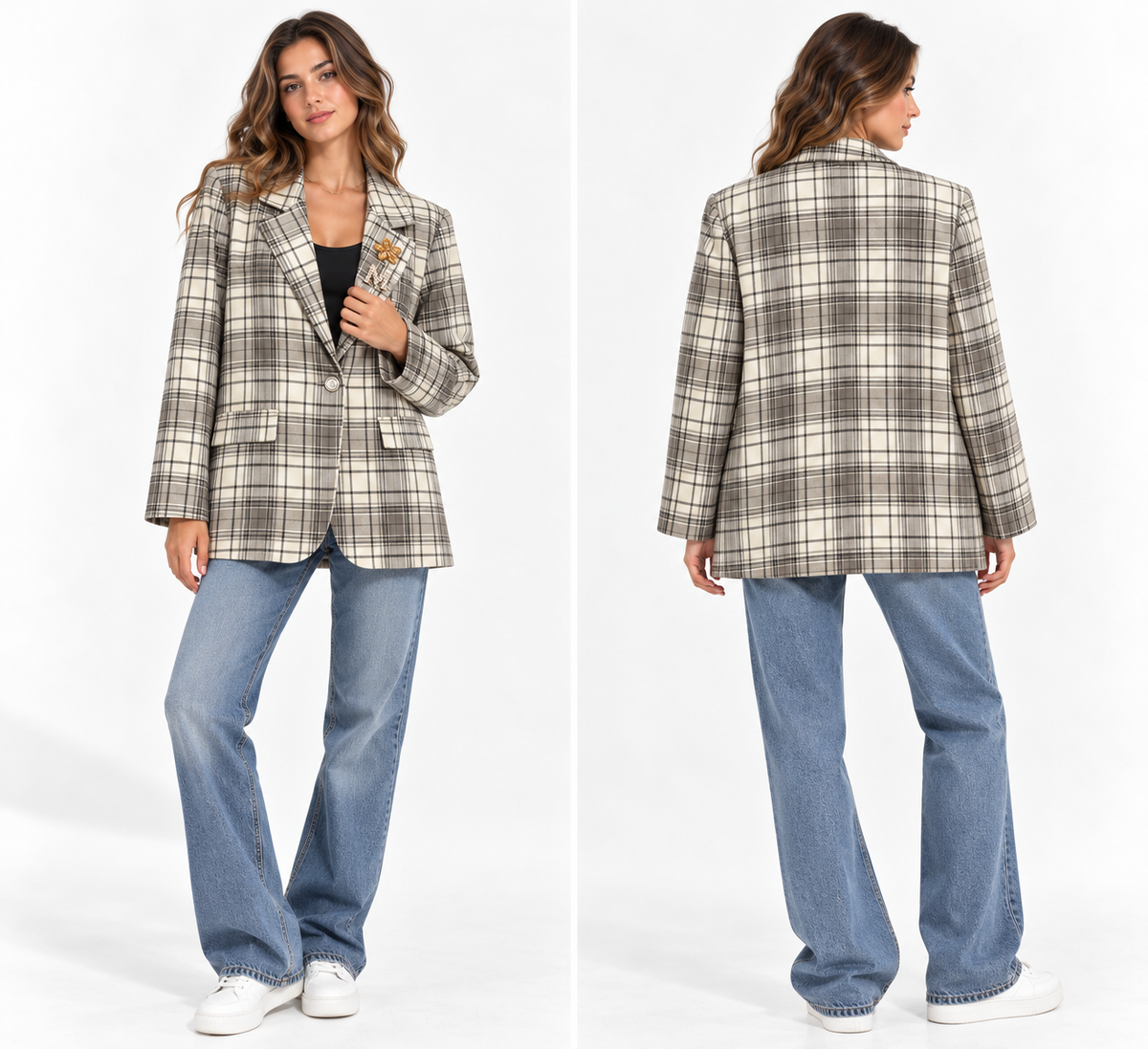 Blazer Donna a Quadri con Spilla Gioiello