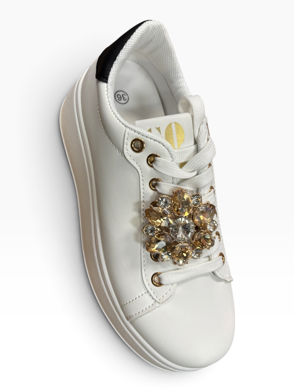 Sneakers Bianche con Gioiello e Platform BLACK