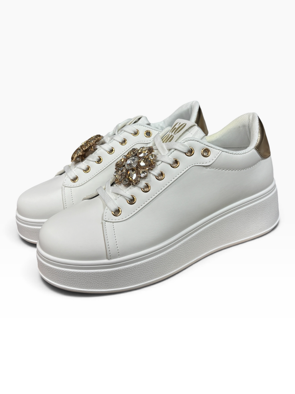 Sneakers Bianche con Gioiello e Platform ORO
