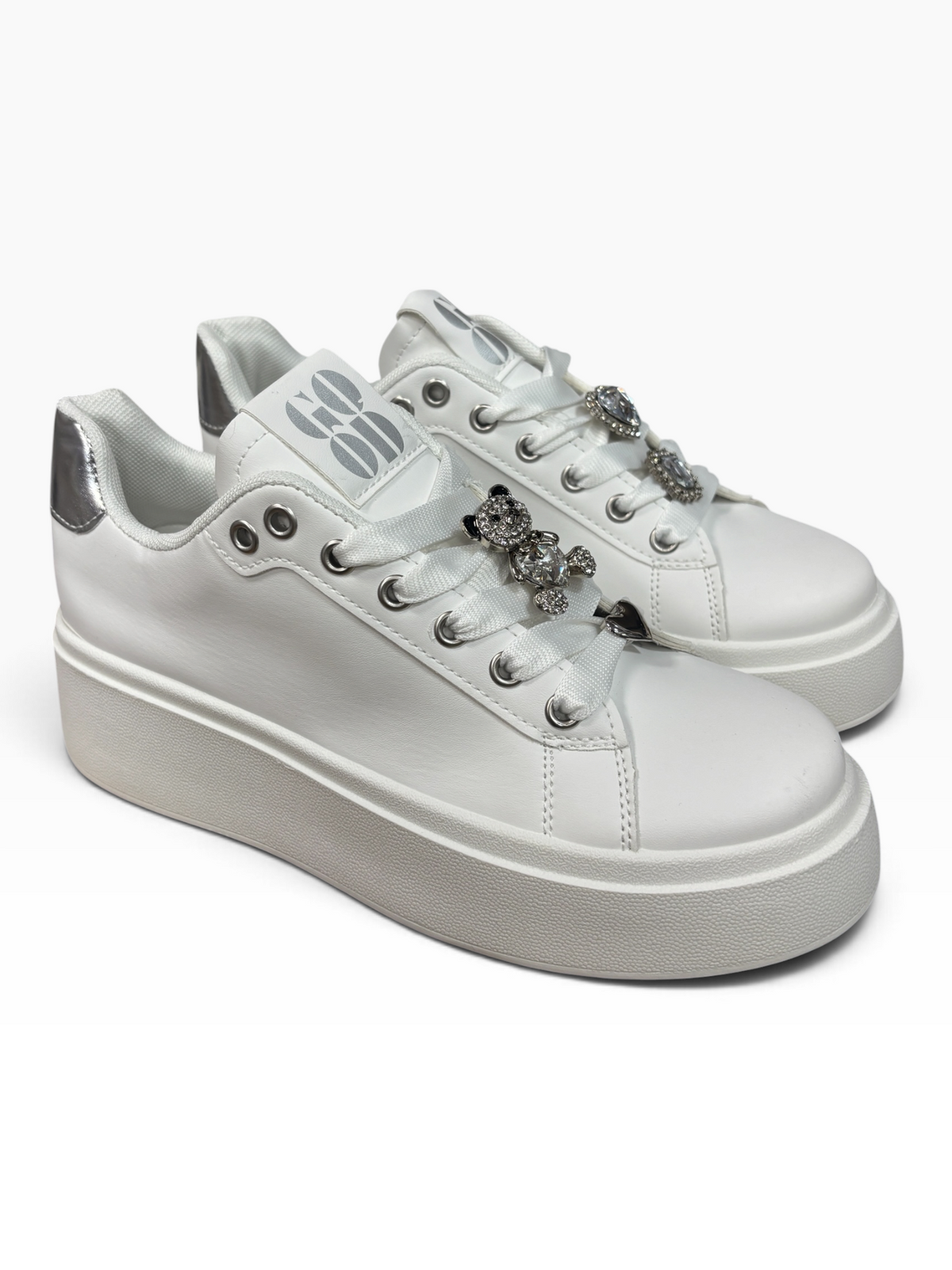 Sneakers Bianche con Gioiello e Platform ARGENTO
