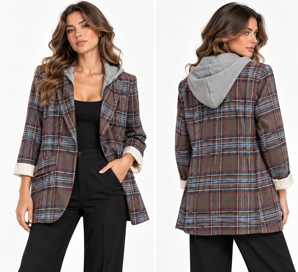 Blazer Urban Tartan con Cappuccio Grigio