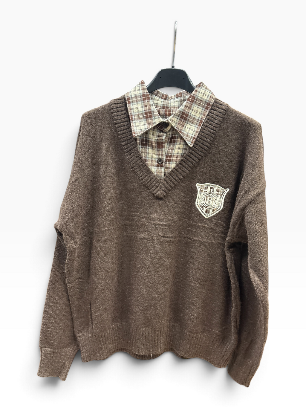 Maglia College con Inserto Camicia Check Brown