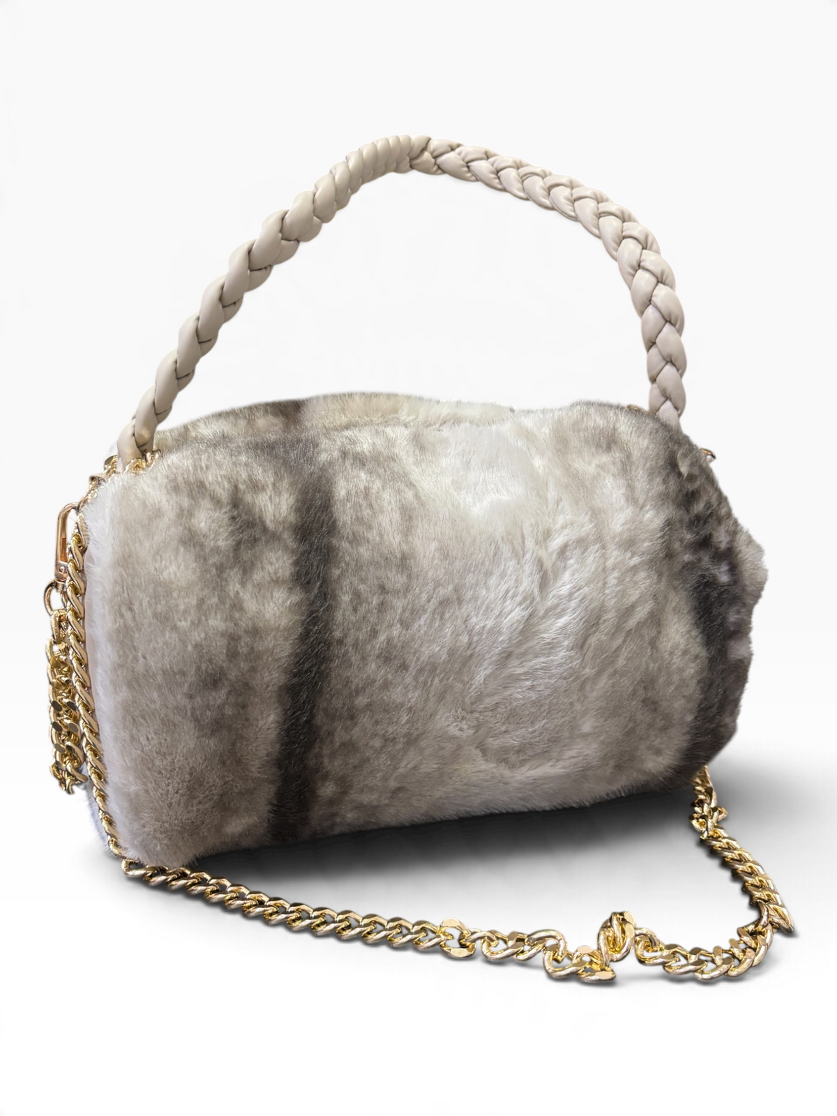 Borsa a Mano Effetto Pelliccia con Manico Intrecciato e Tracolla Dorata BEIGE