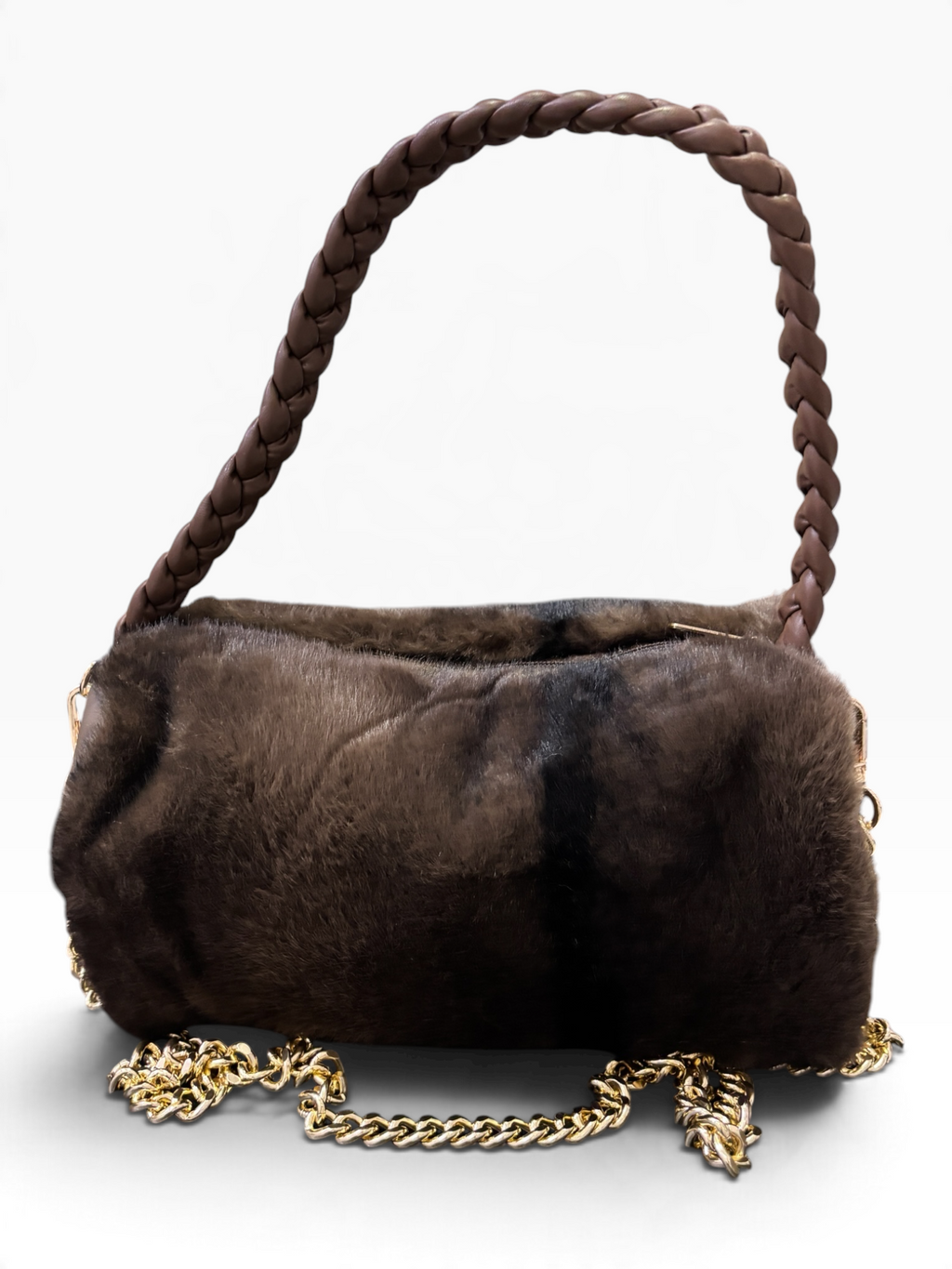 Borsa a Mano Effetto Pelliccia con Manico Intrecciato e Tracolla Dorata BROWN
