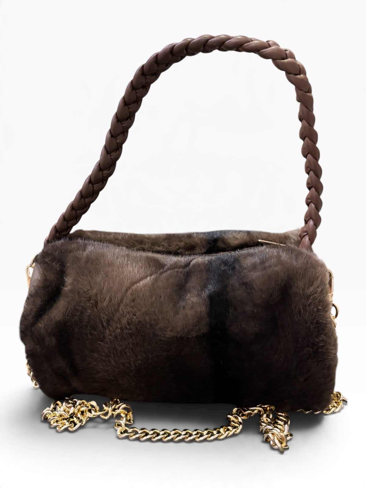 Borsa a Mano Effetto Pelliccia con Manico Intrecciato e Tracolla Dorata BROWN
