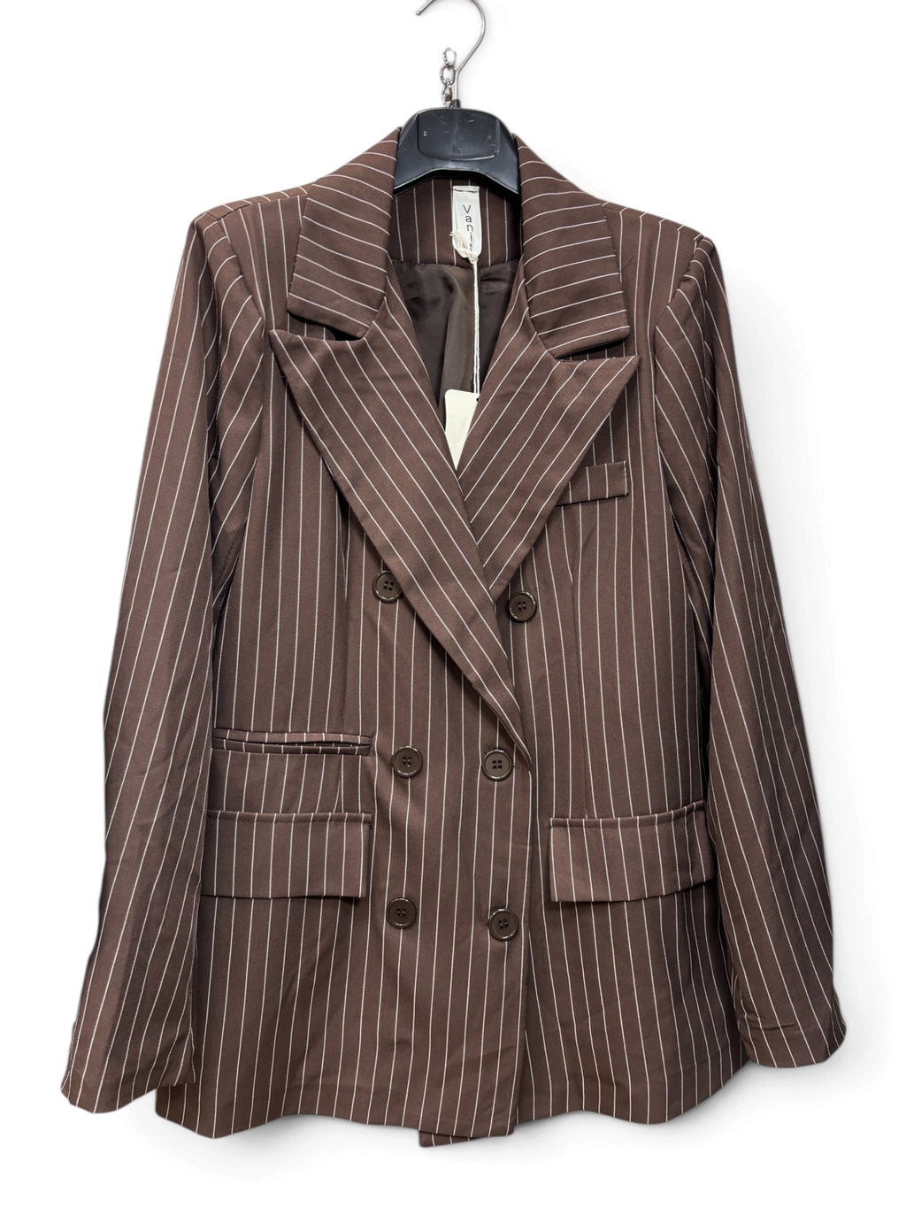 Completo Tailleur 4 Pezzi Marrone Gessato – Blazer, Pantalone, Camicia e Cravatta