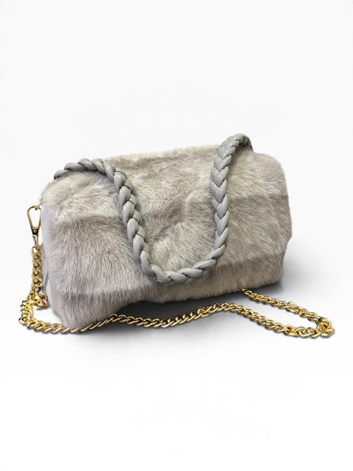 Borsa a Mano Effetto Pelliccia con Manico Intrecciato e Tracolla Dorata GREY
