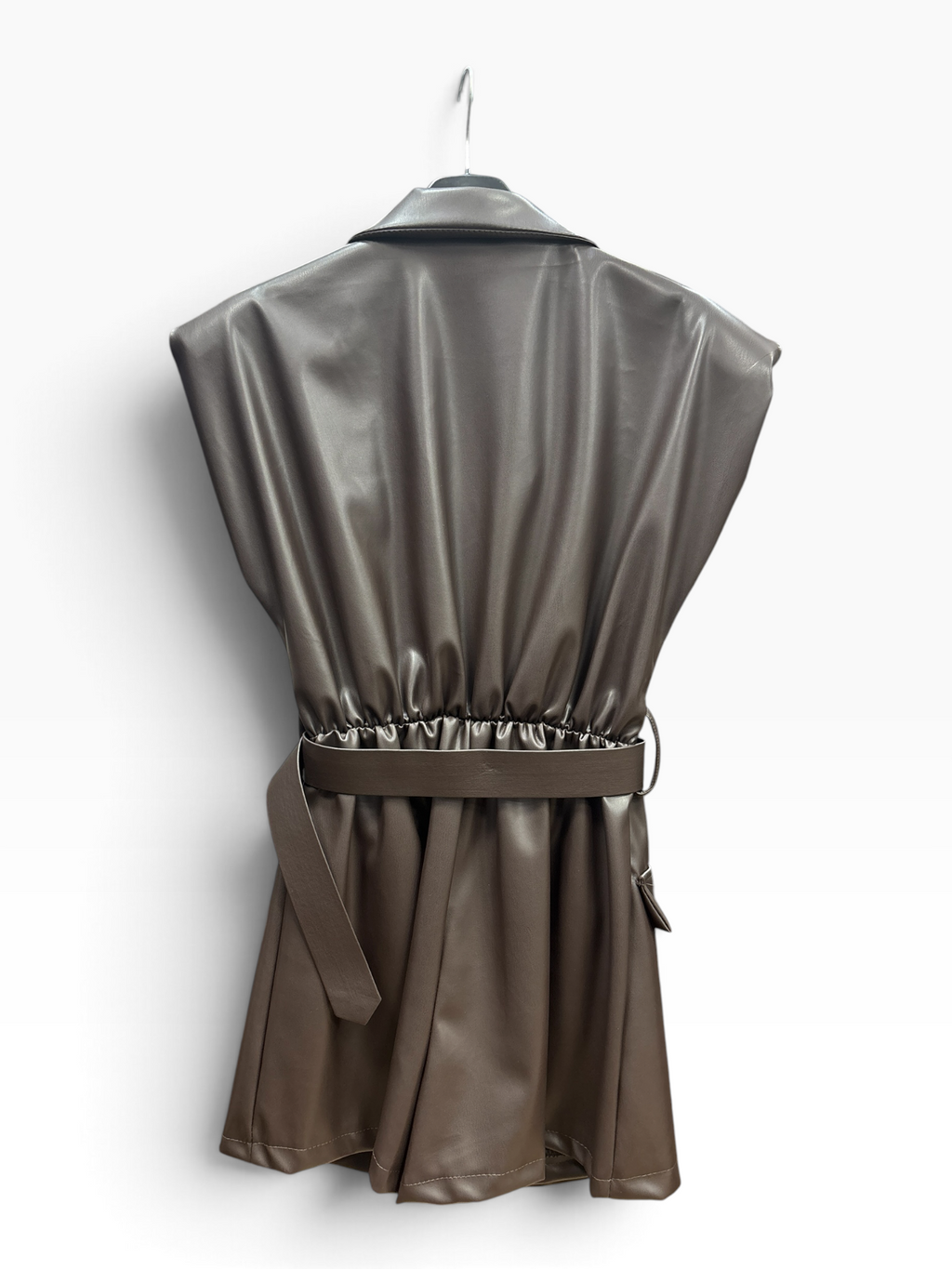 Gilet Corto Blazer in Similpelle con Cintura e Rever – Brown