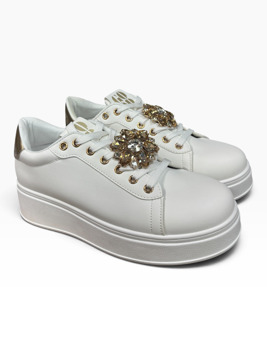 Sneakers Bianche con Gioiello e Platform ORO