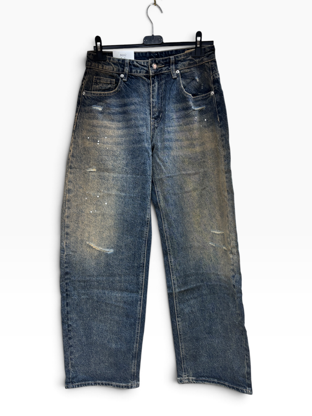Jeans Wide Leg Vintage Wash con Micro Strappi e Schizzi di Vernice – Denim Medio