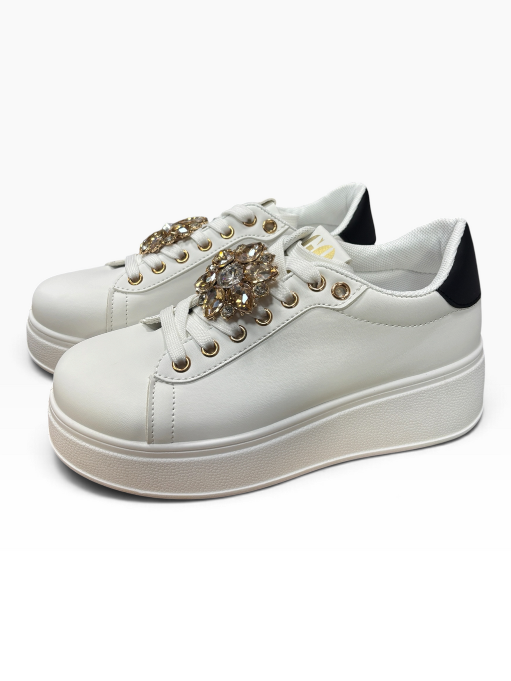 Sneakers Bianche con Gioiello e Platform BLACK