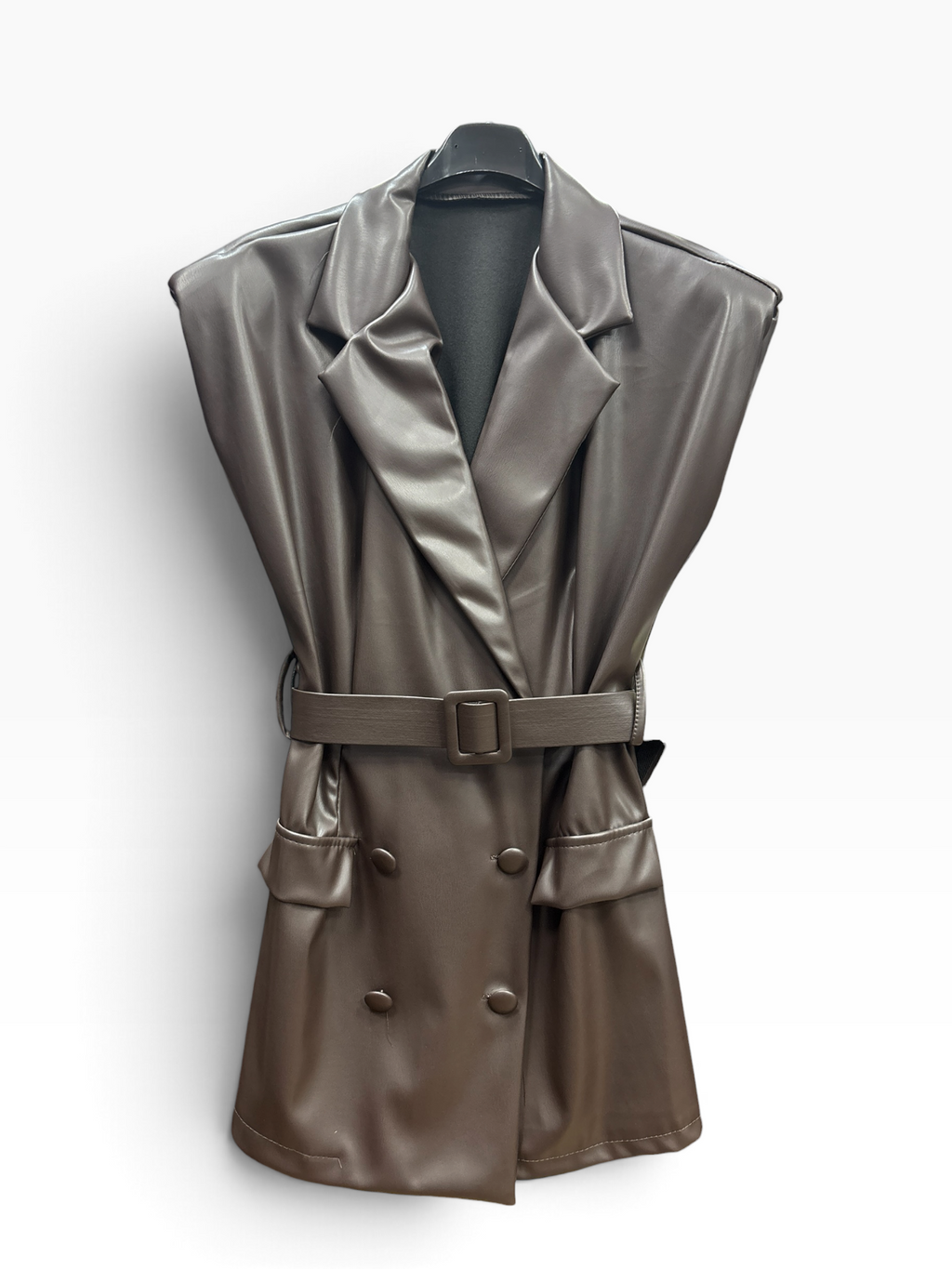 Gilet Corto Blazer in Similpelle con Cintura e Rever – Brown