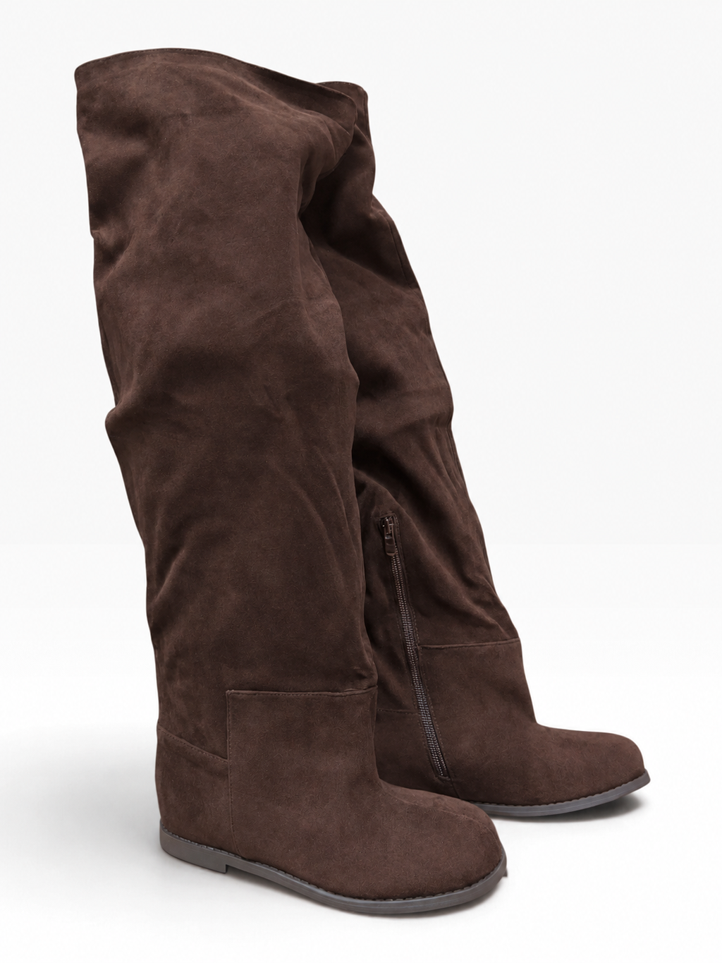 Stivali Alti Slouchy Effetto Camoscio Marrone