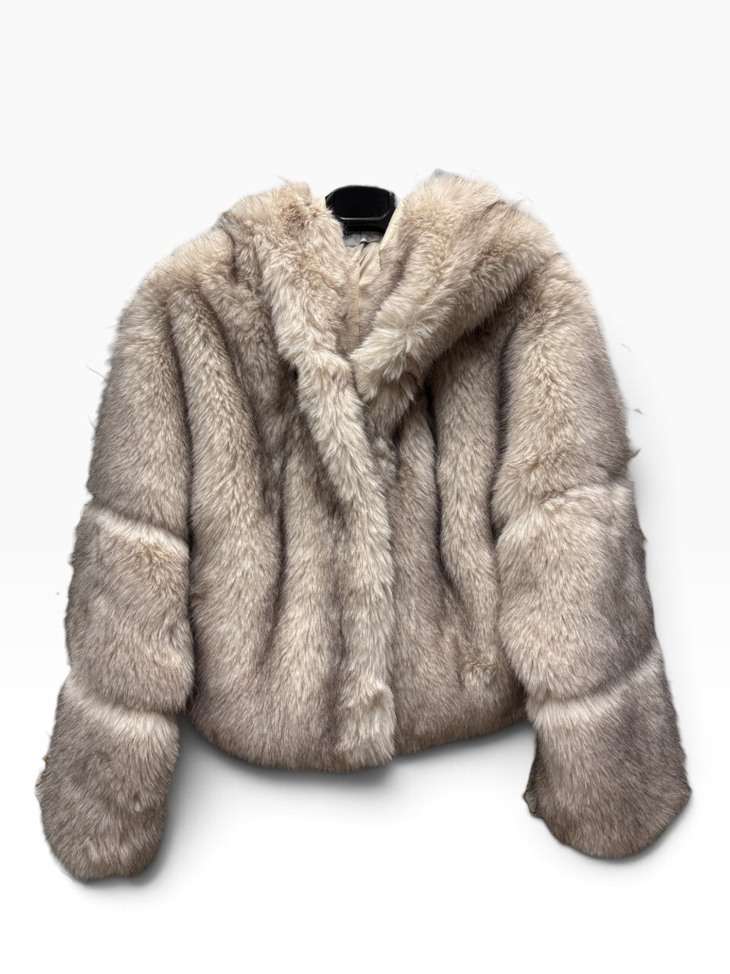 Giacca in Eco-Pelliccia con Cappuccio Beige e Tortora