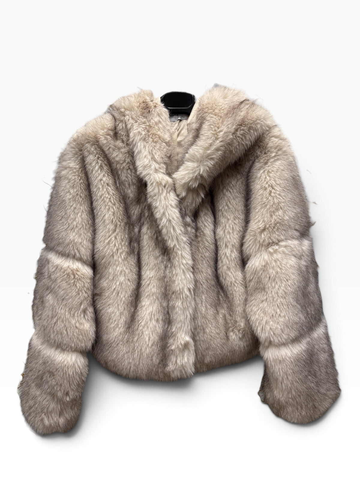 Giacca in Eco-Pelliccia con Cappuccio Beige e Tortora