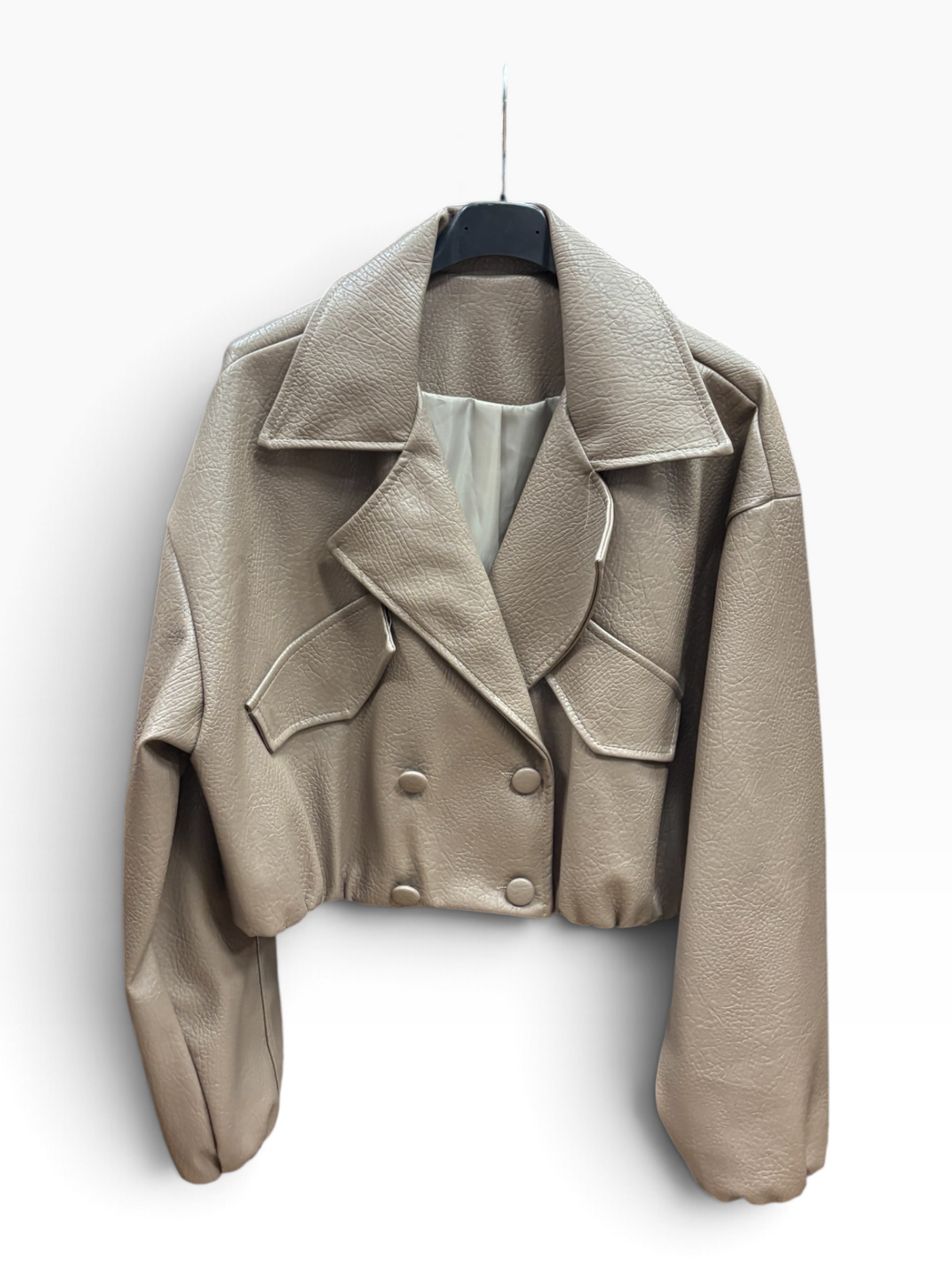 Giacca Corta in Ecopelle Beige con Doppiopetto