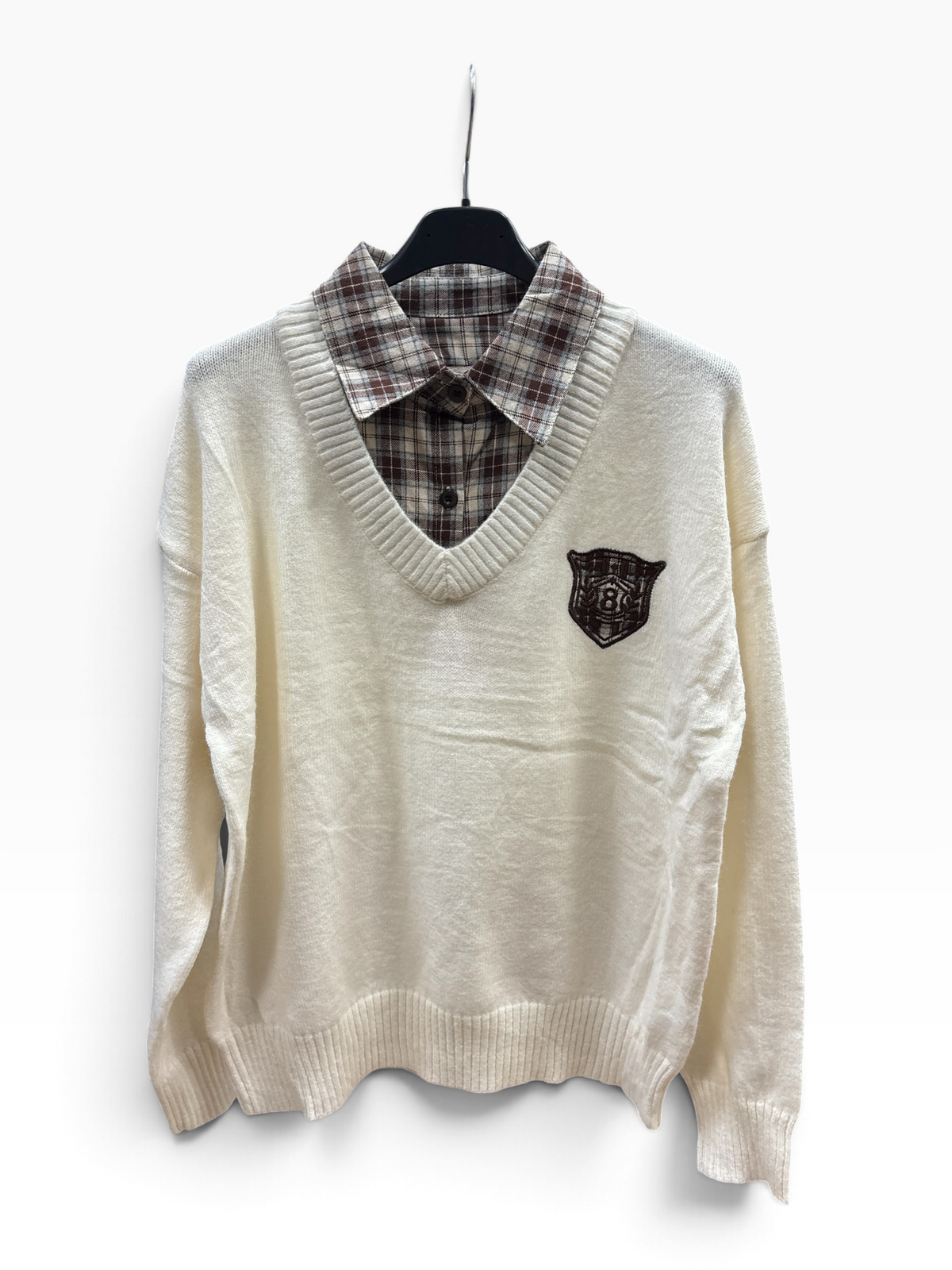 Maglia College con Inserto Camicia Check Beige