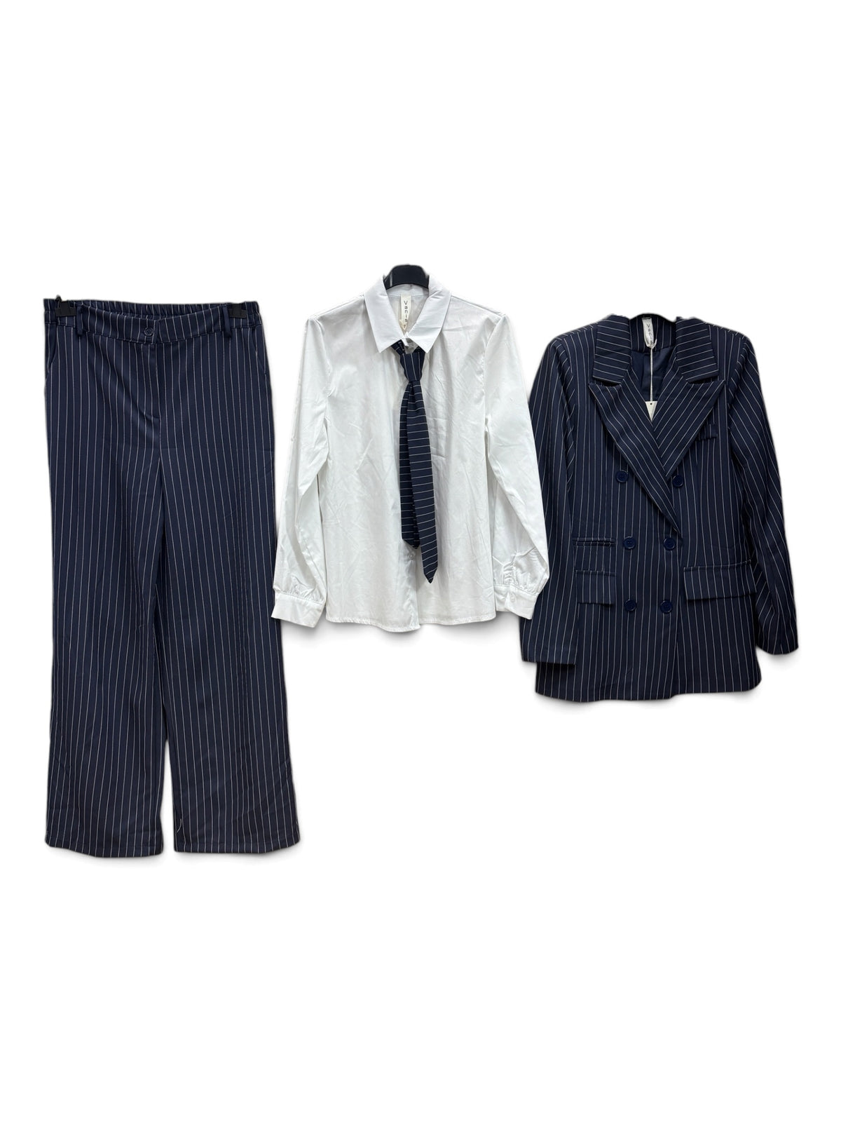 Completo Tailleur 4 Pezzi Blue Gessato – Blazer, Pantalone, Camicia e Cravatta