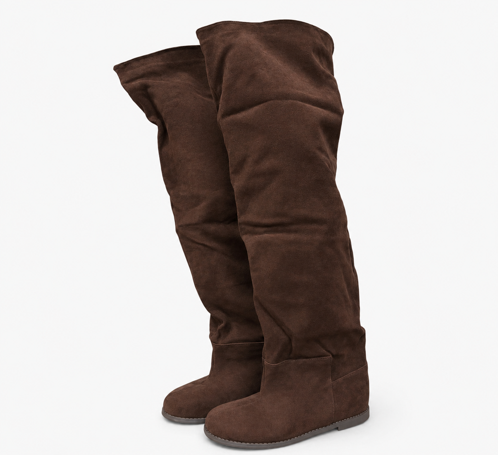 Stivali Alti Slouchy Effetto Camoscio Marrone